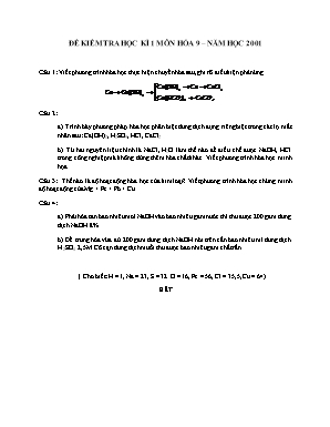 Đề kiểm tra học kì 1 môn Hóa học Lớp 9 năm 2001 - Sở giáo dục và đào tạo Đà Nẵng